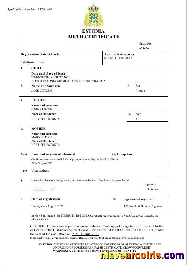 Estonia vital record birth certificate